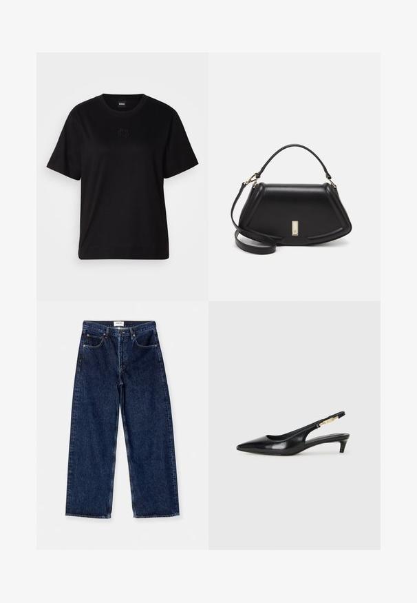 Schwarzes Baumwoll-T-Shirt mit Rundhalsausschnitt, kurzen Ärmeln und aufgesticktem Logo auf der Brust. Einfacher, lässiger Schnitt ohne Muster.; Dunkelblaue Jeans im weit geschnittenen Stil mit hoher Taille, Fronttaschen und einer glatten Textur mit dezenten Nähten.; Schwarze Leder-Slingback-Pumps mit spitzem Schuhblatt, ausgestattet mit einem schlanken Absatz und einem goldfarbigen Akzent am verstellbaren Riemen. Glatte Textur.; Schwarze Lederhandtasche mit einem strukturierten Design, das eine verkürzte Form, einen oberen Griff und goldfarbene Hardware-Details aufweist. Verstellbarer Schulterriemen ist enthalten.