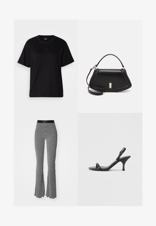 Black cotton t-shirt with a crew neckline, short sleeves, and an embroidered logo on the chest. Simple, relaxed fit with no patterns.; Knitted flared pants in black and white, featuring vertical stripes, a fitted waistband, and textured fabric with a slight sheen.; Black leather high-heeled sandals with a slim, curved heel and a crossed strap design. Adjustable ankle strap. Smooth texture.; Black leather handbag with a structured design, featuring a cropped shape, top handle, and gold hardware accent. Adjustable shoulder strap included.