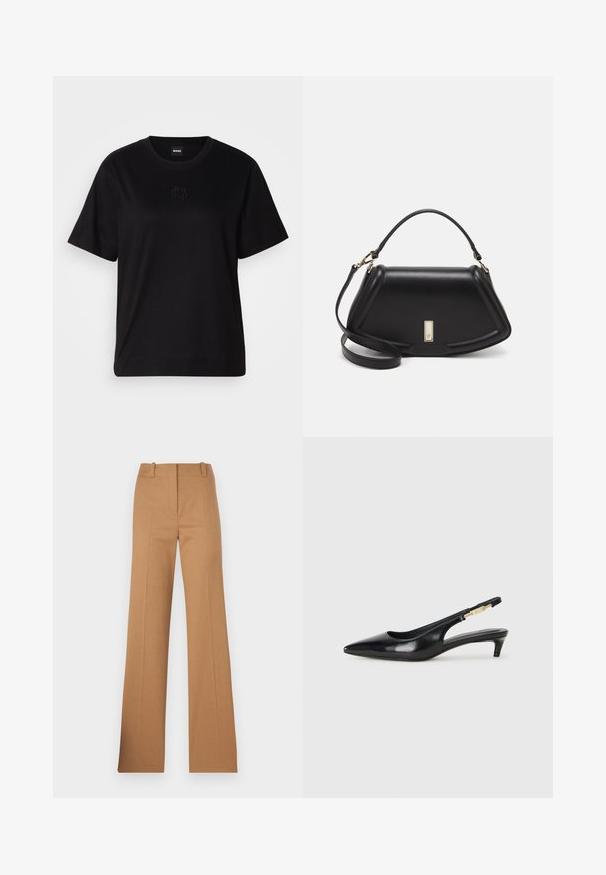 Czarny bawełniany t-shirt z okrągłym dekoltem, krótkimi rękawami i haftowanym logo na piersi. Prosty, luźny krój bez wzorów.; HUGO HULANA brązowy; Czarne skórzane szpilki typu slingback z ostrym noskiem, posiadające smukły obcas i złoty akcent na regulowanym pasku. Gładka tekstura.; Czarna skórzana torebka o strukturalnym designie, z przyciętą formą, górnym uchwytem i złotymi akcentami. W zestawie regulowany pasek na ramię.