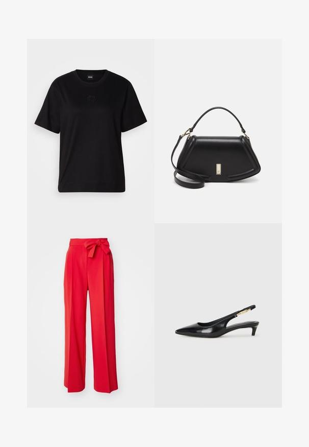 Black cotton t-shirt with a crew neckline, short sleeves, and an embroidered logo on the chest. Simple, relaxed fit with no patterns.; BOSS TAPIANA - Trousers - bright red; Black leather slingback heels with a pointed toe, featuring a slim heel and a gold-tone accent on the adjustable strap. Smooth texture.; Black leather handbag with a structured design, featuring a cropped shape, top handle, and gold hardware accent. Adjustable shoulder strap included.