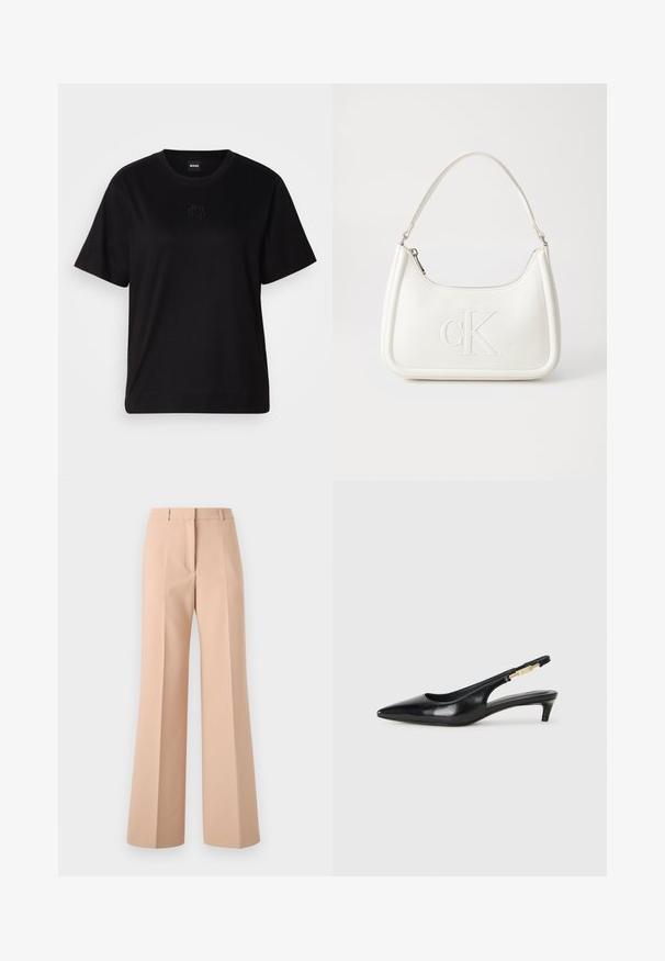 Črna bombažna majica s krožnim izrezom, kratkimi rokavi in izvezenim logotipom na prsih. Preprosta, sproščena silhueta brez vzorcev.; Bež hlače z visokim pasom in širokimi nogavicami. Narejene iz gladkega blaga, z zavihki spredaj in čistim pasom.; Črne usnjene sandale na peto z ostro konico, ki imajo tanko peto in zlat ton na nastavljivem traku. Gladka tekstura.; Bela usnjena torbica s ukrivljeno obliko, ki na sprednji strani nosi vžgano logo "CK" in ima eno naramnico. Zadrga za zapiranje na vrhu.