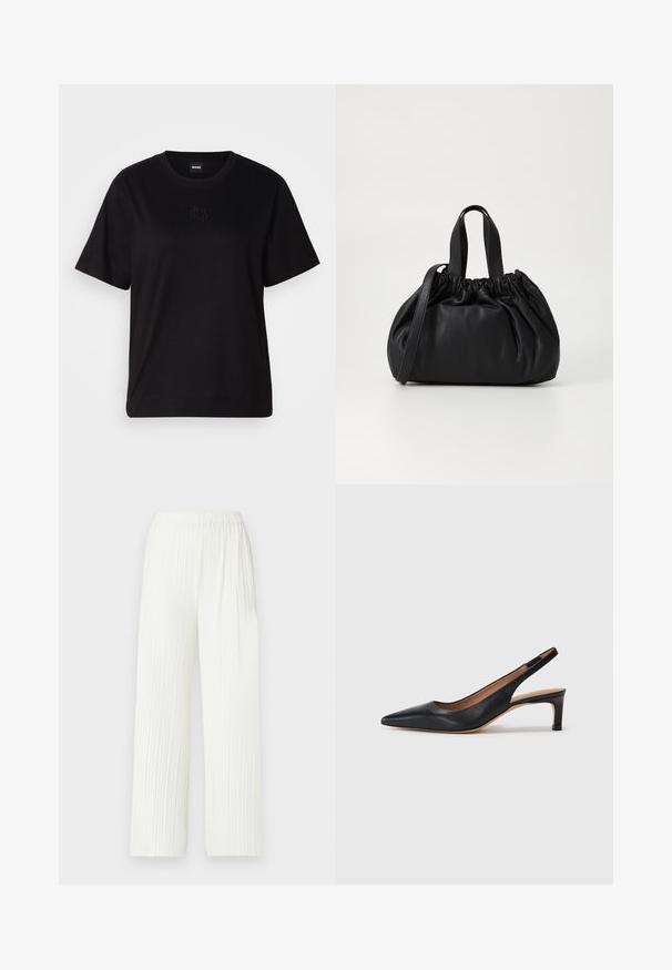 Sort bomulds t-shirt med rund halsudskæring, korte ærmer og et broderet logo på brystet. Enkel, afslappet pasform uden mønstre.; Hvide, plisserede bukser med bred benåbning og elastisk talje. Lavet af letvægtsstof, med lodrette striber og en flydende pasform.; Sort læder slingback pumpe med spids tå, lav hæl og en glat overflade. Har en tynd justerbar rem for en sikker pasform.; Sort læderhåndtaske med en samlet topdesign, der har to korte håndtag og en lang justerbar rem. Glat overflade, rund form.