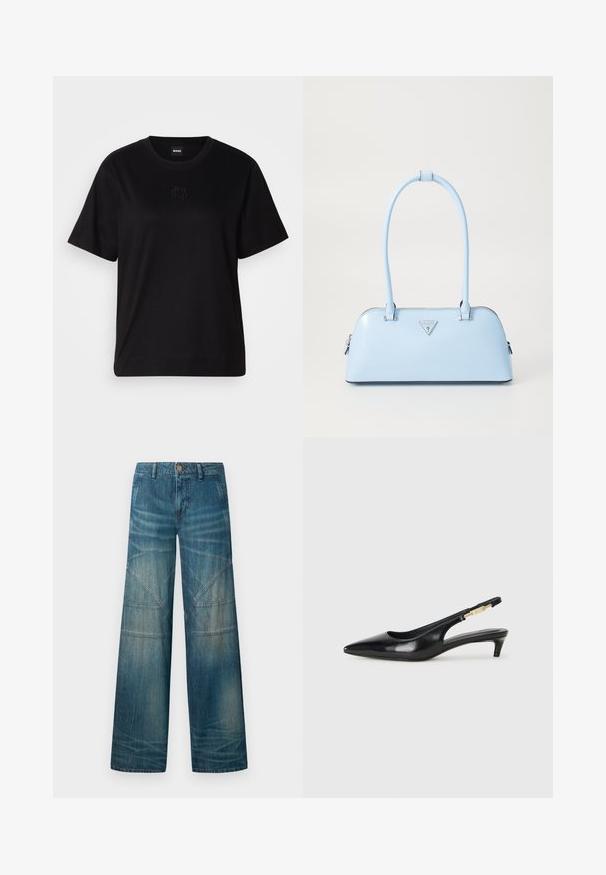 Fekete pamut póló kerek nyakkivágással, rövid ujjakkal és hímzett logóval a mellkasán. Egyszerű, laza szabás, minta nélkül.; Közepesen kék, széles lábú farmernadrág, elnyűtt hatással, foltvarrásos varratokkal, klasszikus ötpocket dizájnnal és gombos záródással.; Fekete bőr slingback magassarkúk, hegyes orral, vékony sarkakkal és arany színű részlettel a állítható pánton. Simа felület.; Világoskék kézitáska, amelynek strukturált formája van, sima bőrből készült, két füllel rendelkezik, és az elején egy háromszögletű márkatrófea található. Cipzáras záródás.