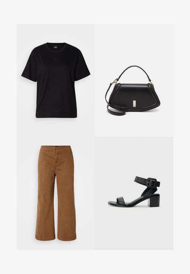 Melna kokvilnas T-krekls ar apaļu izgriezumu, īsām piedurknēm un izšūtu logotipu uz krūtīm. Vienkāršs, brīvs piegriezums bez rakstiem.; Brūni platajau pēdas bikses, kas izgatavotas no mīksta auduma ar gludu tekstūru, ar augstu jostasvietu un izšuvumiem.; Melnas ādas papēža sandales ar regulējamu potītes siksniņu, atvērtu purngalu un kvadrātveida bloku papēdi. Gluda tekstūra, minimālistisks stils.; Melnas ādas roku soma ar struktūru, ar īsu formu, augšējo rokturi un zelta aksesuāriem. Iekļauta regulējama plecu siksna.