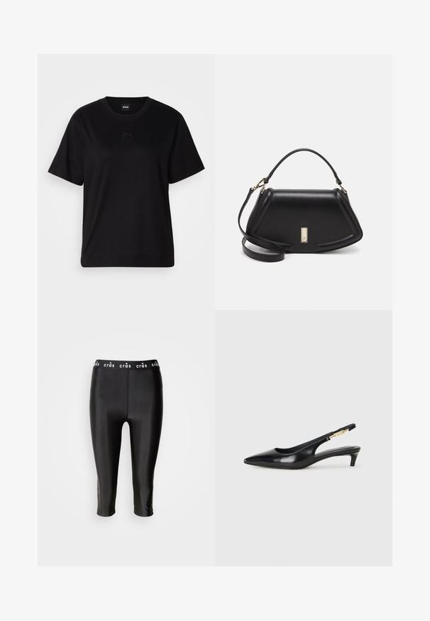 Black cotton t-shirt with a crew neckline, short sleeves, and an embroidered logo on the chest. Simple, relaxed fit with no patterns.; Black cropped leggings with a glossy finish, featuring a wide waistband labeled "crās" and smooth texture. No visible seams or patterns.; Black leather slingback heels with a pointed toe, featuring a slim heel and a gold-tone accent on the adjustable strap. Smooth texture.; Black leather handbag with a structured design, featuring a cropped shape, top handle, and gold hardware accent. Adjustable shoulder strap included.