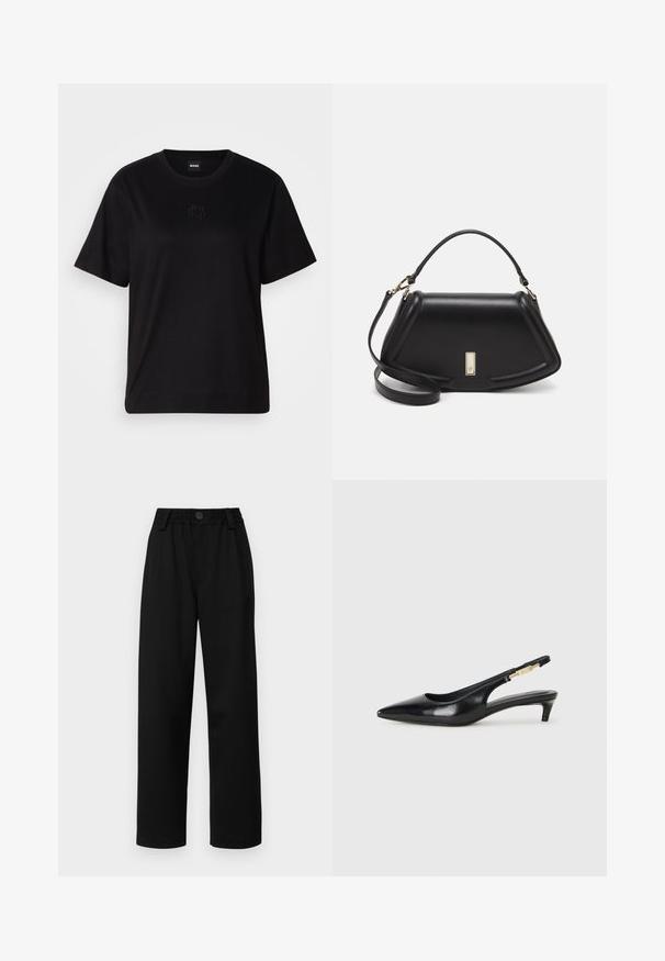Črna bombažna majica s krožnim izrezom, kratkimi rokavi in izvezenim logotipom na prsih. Preprosta, sproščena silhueta brez vzorcev.; Črne široke hlače z teksturiranim pasom, z zapiranjem na gumb spredaj in dvema stranskima žepoma. Gladko blago in krojen dizajn.; Črne usnjene sandale na peto z ostro konico, ki imajo tanko peto in zlat ton na nastavljivem traku. Gladka tekstura.; Črna usnjena torbica s strukturnim dizajnom, ki ima skrajšano obliko, zgornji ročaj in zlate dodatke. Vključena je nastavljiva ramenska naramnica.