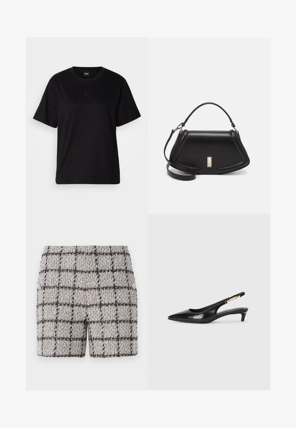 Musta puuvillapaita, jossa on pyöreä kaula-aukko, lyhyet hihat ja brodeerattu logo rinnassa. Yksinkertainen, rento istuvuus ilman kuvioita.; Tweed-shortsit neutraalivärviga, must-valge ruudulisandiga. Ees on dekoratiivsed nupud. Tekstuuriga kangas.; Mustat nahkaiset slingback-korkokengät, joissa on terävä kärki, ohuet korot ja kultasävytteinen yksityiskohta säädettävässä hihnassa. Silkkinen pinta.; Mustalla nahkalaukulla, jossa on jämäkkä muotoilu, lyhyt malli, yläkahva ja kultaiset yksityiskohdat. Säädettävä olkahihna sisältyy.
