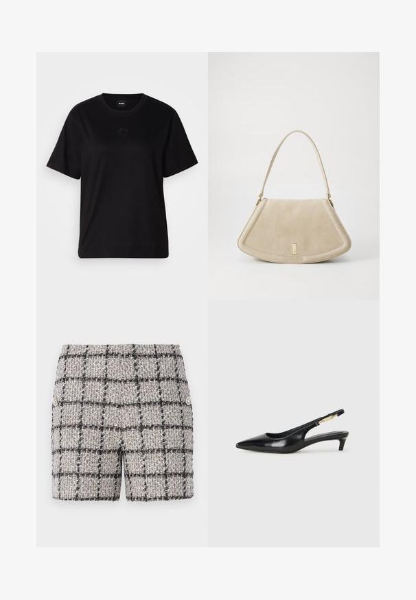 Maglietta in cotone nera con scollatura tonda, maniche corte e logo ricamato sul petto. Design semplice e vestibilità rilassata senza motivi.; Pantaloni corti in tweed di un colore neutro con un motivo a quadri bianco e nero. Presentano bottoni decorativi sul fronte. Tessuto testurizzato.; Tacchi slingback in pelle nera con punta affusolata, caratterizzati da un tacco alto e un accento dorato sulla cinghia regolabile. Texture liscia.; Borsa in suede beige con forma triangolare arrotondata, una sola tracolla e un accento in metallo dorato sul davanti.