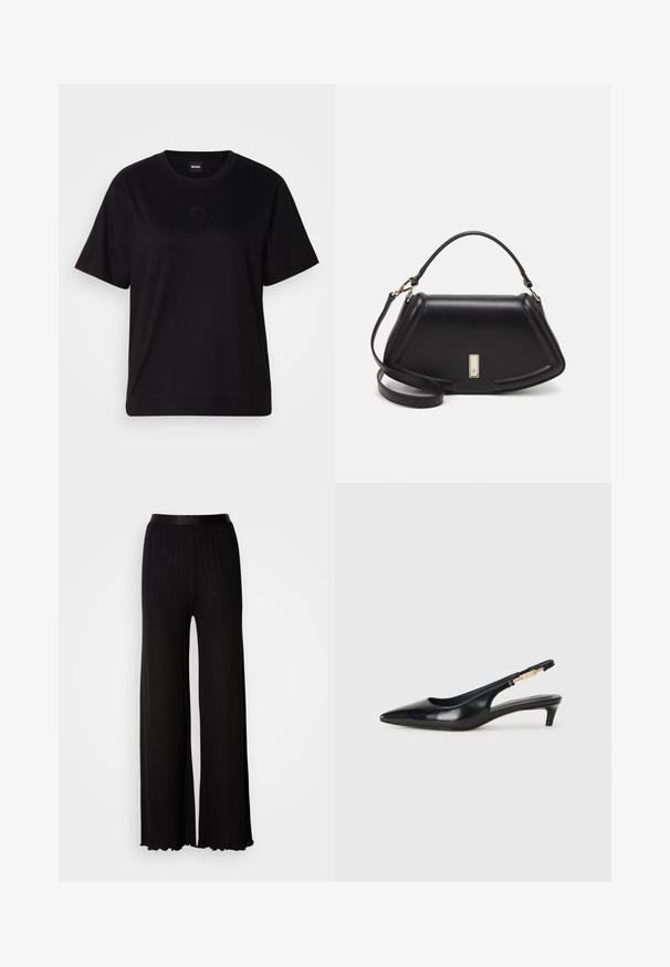 Svart bomullströja med rund halsringning, korta ärmar och en broderad logotyp på bröstet. Enkel, avslappnad passform utan mönster.; Svarta byxor med vida ben och en slät midja, med subtil vertikal ribbning och scallopade hems för extra textur och detaljer.; Svart läder slingback-hälar med spetsig tå, med en smal klack och en guldtonad detalj på den justerbara remmen. Slät textur.; Svart läderhandväska med en strukturerad design, som har en avskuren form, ett handtag upptill och guldiga detaljer. Justerbar axelrem ingår.