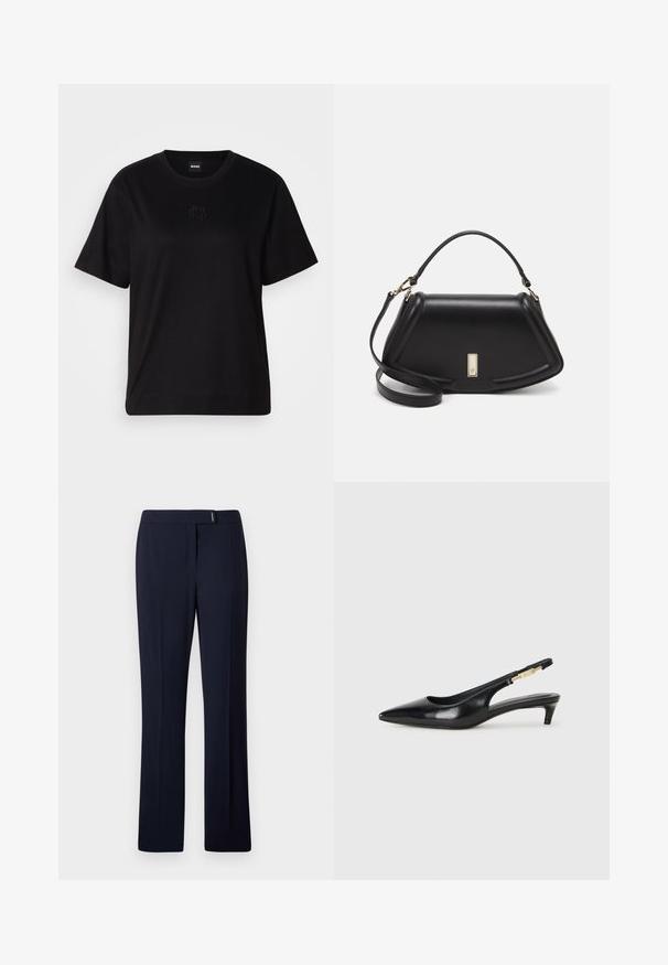 Black cotton t-shirt with a crew neckline, short sleeves, and an embroidered logo on the chest. Simple, relaxed fit with no patterns.; Navy blue tailored trousers made of a smooth fabric, featuring a flat front, straight legs, and a subtle silver accent at the waist.; Black leather slingback heels with a pointed toe, featuring a slim heel and a gold-tone accent on the adjustable strap. Smooth texture.; Black leather handbag with a structured design, featuring a cropped shape, top handle, and gold hardware accent. Adjustable shoulder strap included.