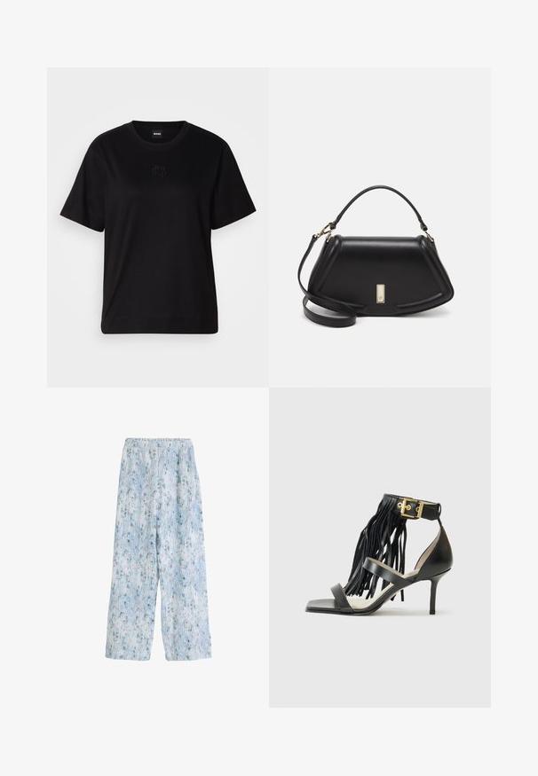 Black cotton t-shirt with a crew neckline, short sleeves, and an embroidered logo on the chest. Simple, relaxed fit with no patterns.; Light blue patterned wide-leg pants with an elastic waistband, featuring a floral design and vertical lines, made from a soft fabric.; Black high-heeled sandal with fringed detail, ankle strap featuring gold hardware, flat square toe, and two crossing straps across the vamp.; Black leather handbag with a structured design, featuring a cropped shape, top handle, and gold hardware accent. Adjustable shoulder strap included.