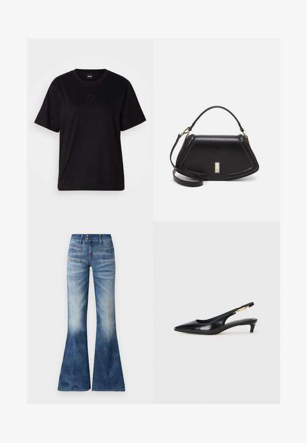 Musta puuvillapaita, jossa on pyöreä kaula-aukko, lyhyet hihat ja brodeerattu logo rinnassa. Yksinkertainen, rento istuvuus ilman kuvioita.; Laivastonsiniset farkut, joissa on kevyestä tummansiniseksi muuttuva gradientti, kaksi etutaskua ja nappikiinnitys. Ominaisuuksina minimaalinen ommel ja sileä pinta.; Mustat nahkaiset slingback-korkokengät, joissa on terävä kärki, ohuet korot ja kultasävytteinen yksityiskohta säädettävässä hihnassa. Silkkinen pinta.; Mustalla nahkalaukulla, jossa on jämäkkä muotoilu, lyhyt malli, yläkahva ja kultaiset yksityiskohdat. Säädettävä olkahihna sisältyy.