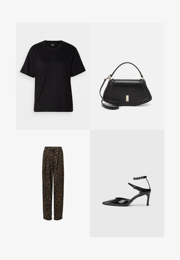 Musta puuvillapaita, jossa on pyöreä kaula-aukko, lyhyet hihat ja brodeerattu logo rinnassa. Yksinkertainen, rento istuvuus ilman kuvioita.; Housut, joissa on leopardikuvio ja leveälahkeinen muotoilu, valmistettu pehmeästä kankaasta. Ominaisuuksiin kuuluu nappisulku ja laskostettu etuosa.; Mustat lakatut korkokengät, joissa on terävä kärki, säädettävät nilkkahihnat ja hoikka korko. Suora pinta, joka näyttää kiiltävältä.; Mustalla nahkalaukulla, jossa on jämäkkä muotoilu, lyhyt malli, yläkahva ja kultaiset yksityiskohdat. Säädettävä olkahihna sisältyy.