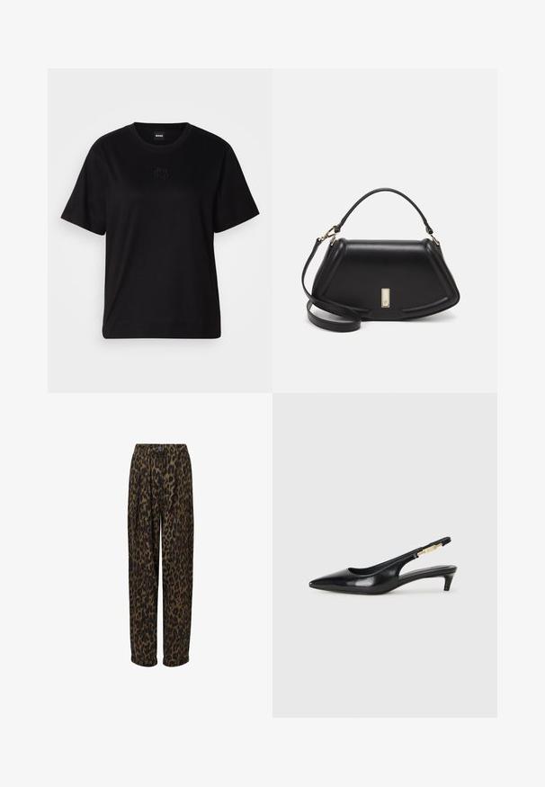 Musta puuvillapaita, jossa on pyöreä kaula-aukko, lyhyet hihat ja brodeerattu logo rinnassa. Yksinkertainen, rento istuvuus ilman kuvioita.; Housut, joissa on leopardikuvio ja leveälahkeinen muotoilu, valmistettu pehmeästä kankaasta. Ominaisuuksiin kuuluu nappisulku ja laskostettu etuosa.; Mustat nahkaiset slingback-korkokengät, joissa on terävä kärki, ohuet korot ja kultasävytteinen yksityiskohta säädettävässä hihnassa. Silkkinen pinta.; Mustalla nahkalaukulla, jossa on jämäkkä muotoilu, lyhyt malli, yläkahva ja kultaiset yksityiskohdat. Säädettävä olkahihna sisältyy.