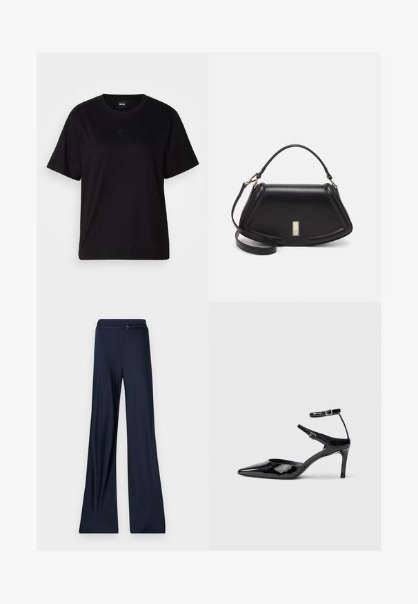 T-shirt negru din bumbac, cu guler rotund, mâneci scurte și un logo brodat pe piept. Design simplu, cu o croială relaxată și fără modele.; Pantaloni largi de marină cu textură netedă, având un brâu plat și un accent metalic subtil în față.; Cizme cu toc din piele lacuită neagră, cu vârf ascuțit, curele reglabile la gleznă și un toc subțire. Textură netedă cu un finisaj lucios.; Geantă de umăr din piele neagră, cu un design structurat, având o formă tăiată, mânere superioare și accente din aur. Include o curea de umăr ajustabilă.