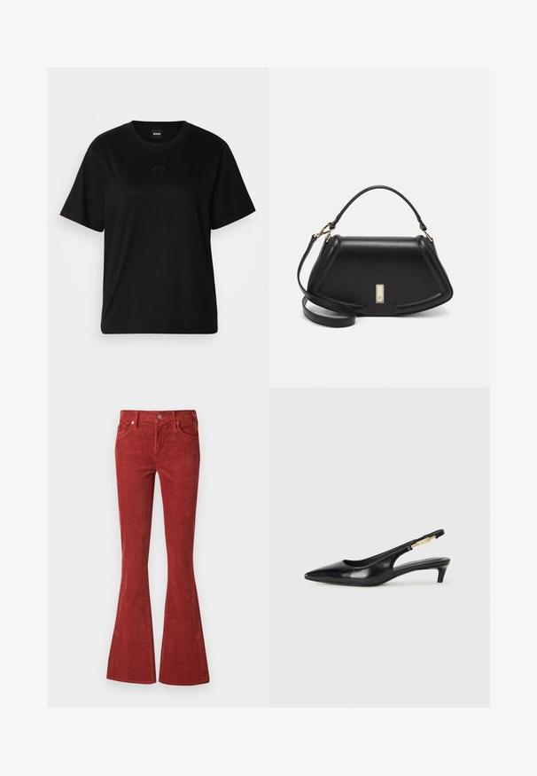 Black cotton t-shirt with a crew neckline, short sleeves, and an embroidered logo on the chest. Simple, relaxed fit with no patterns.; Red corduroy flared jeans feature a high waist, front button closure, and two pockets. The fabric has a textured finish with vertical stripes.; Black leather slingback heels with a pointed toe, featuring a slim heel and a gold-tone accent on the adjustable strap. Smooth texture.; Black leather handbag with a structured design, featuring a cropped shape, top handle, and gold hardware accent. Adjustable shoulder strap included.