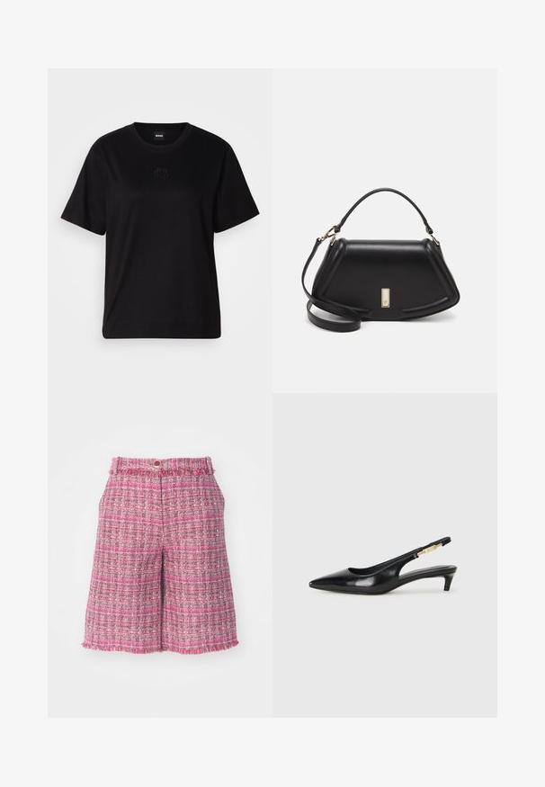 Maglietta in cotone nera con scollatura tonda, maniche corte e logo ricamato sul petto. Design semplice e vestibilità rilassata senza motivi.; Shorts in tweed rosa con un motivo testurizzato e orlo sfilacciato. Presentano una vita con chiusura a bottone. Tessuto leggero, lunghezza fino a metà coscia.; Tacchi slingback in pelle nera con punta affusolata, caratterizzati da un tacco alto e un accento dorato sulla cinghia regolabile. Texture liscia.; Borsa a mano in pelle nera con un design strutturato, caratterizzata da una forma corta, manico superiore e accessori in metallo dorato. Inclusa tracolla regolabile.