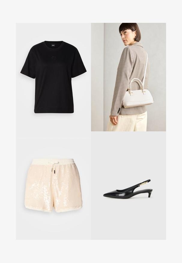 Melna kokvilnas T-krekls ar apaļu izgriezumu, īsām piedurknēm un izšūtu logotipu uz krūtīm. Vienkāršs, brīvs piegriezums bez rakstiem.; Gaiši bēšas krāsas sequins šorti ar elastīgu jostasvietu un striķi. Iespējas iekļauj mīkstu oderi un gludu tekstūru. Akcenti ietver mirdzošus sequins.; Melnas ādas slingback zābaki ar smailu purngalu, ar šauru papēdi un zelta krāsas akcentu uz regulējama siksniņas. Gluda tekstūra.; Balta strukturēta roku soma ar īsām rokturiem un plecu siksnu, ar zelta aparatūras akcentiem un strukturētu materiālu, izstādīta uz pelēka fona.