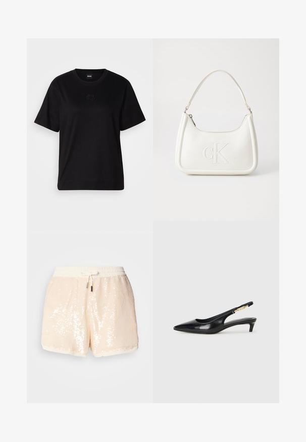 Černé bavlněné tričko s kulatým výstřihem, krátkými rukávy a vyšitým logem na hrudi. Jednoduchý, volný střih bez vzorů.; Kraťasy s flitry v světle béžové barvě, s elastickým pasem a šňůrkou. Obsahují jemnou podšívku a hladkou texturu. Vyznačují se lesklými flitry.; Černé kožené boty na podpatku s otevřenou patou a špičatou špičkou, s tenkým podpatkem a zlatým akcentem na nastavitelném pásku. Hladký povrch.; Bílá kožená kabelka s křivkovým tvarem, na přední straně s vyraženým logem "CK" a jediným ramenním popruhem. Zipový uzávěr na vrchu.