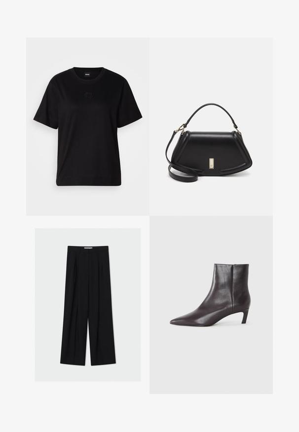 Svart bomull T-skjorte med rund hals, korte ermer og et brodert logo på brystet. Enkel, avslappet passform uten mønstre.; Bredde ben svarte bukser laget av et glatt stoff. Har høy midje, folder foran og ankel-lengde. Minimalistisk design.; Svart lær ankelstøvlett med spiss tå og lav kitten hæl, jevn finish, glidelås på siden, vist på en nøytral bakgrunn.; Sort lærveske med en strukturert design, som har en avkortet form, topphåndtak og detaljer i gull. Justerbar skulderstropp inkludert.
