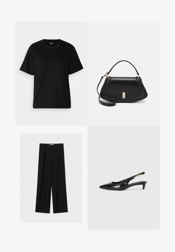 Schwarzes Baumwoll-T-Shirt mit Rundhalsausschnitt, kurzen Ärmeln und aufgesticktem Logo auf der Brust. Einfacher, lässiger Schnitt ohne Muster.; Schwarze weit geschnittene Hosen aus einem glatten Stoff. Mit einer hohen Taille, Falten an der Vorderseite und einem knöchellangen Schnitt. Minimalistisches Design.; Schwarze Leder-Slingback-Pumps mit spitzem Schuhblatt, ausgestattet mit einem schlanken Absatz und einem goldfarbigen Akzent am verstellbaren Riemen. Glatte Textur.; Schwarze Lederhandtasche mit einem strukturierten Design, das eine verkürzte Form, einen oberen Griff und goldfarbene Hardware-Details aufweist. Verstellbarer Schulterriemen ist enthalten.