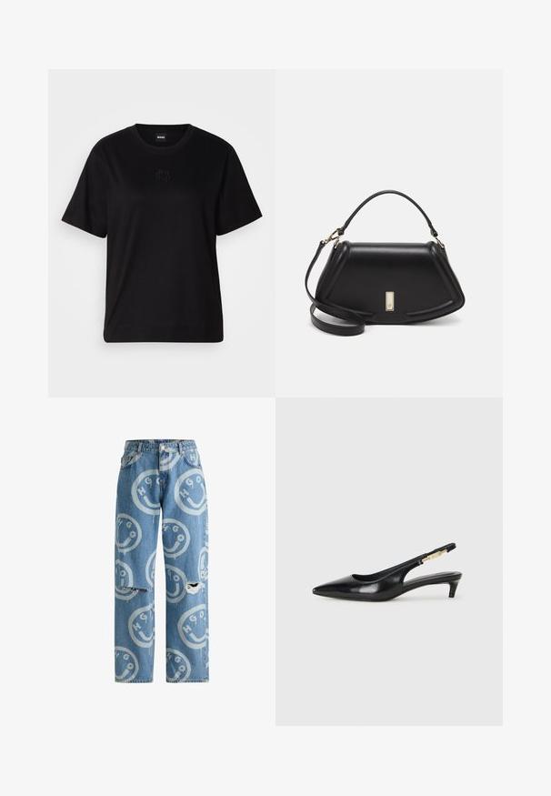 Čierne bavlnené tričko s okrúhlym výstrihom, krátkymi rukávmi a vyšívaným logom na hrudi. Jednoduchý, voľný strih bez vzorov.; Svetlomodré denimové džínsy so voľným strihom, ktoré zdobí opakovaný vzor s usmievavými tvárou a logom, a sú s obrusenými detailmi na kolenách.; Čierne kožené slingback opätky s špicatou špičkou, s úzkym opätkom a zlatým detailom na nastaviteľnom remienku. Hladká textúra.; Čierna kožená kabelka so štruktúrovaným dizajnom, s krátkym tvarom, hornou rúčkou a zlatými prvkami. Súčasťou je nastaviteľný ramenný popruh.
