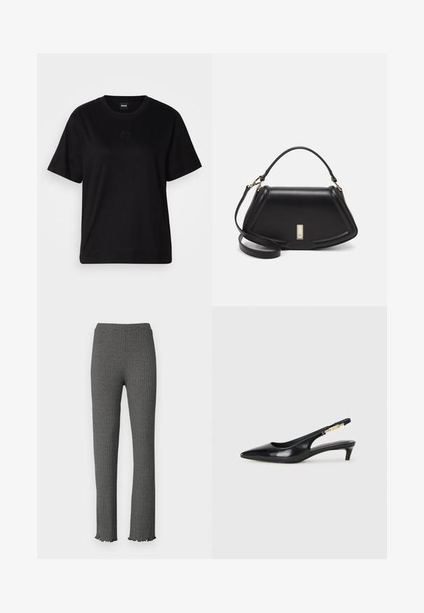 T-shirt en coton noir avec un col rond, des manches courtes et un logo brodé sur la poitrine. Coupe simple et décontractée sans motifs.; Pantalons en tricot côtelé gris avec une coupe ajustée, ourlet volanté et taille élastique. Présente un motif texturé sur l'ensemble.; Talons hauts en cuir noir avec un bout pointu, dotés d'un talon fin et d'un accent en ton or sur la lanière réglable. Texture lisse.; Sac à main en cuir noir avec un design structuré, featuring une forme cropped, une poignée supérieure et des accents en matériel doré. Bandoulière réglable incluse.