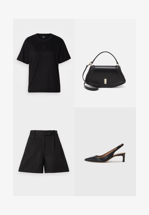 Juodas medvilninis marškinėliai su apvalia iškirpte, trumpomis rankovėmis ir siuvinėjimu ant krūtinės. Paprastas, laisvas siluetas be raštų.; Juodi pritaikyti šortai su plačia kojos forma, turintys lygų priekį, klostes ir sklandžią tekstūrą. Sukurti su diržo kilpomis juosmens srityje.; Juodas odinis šliuurkastukas su smailiu pirštu, žemu kulnu ir glotnia tekstūra. Turi ploną reguliuojamą dirželį patogiam prigludimui.; Juoda odinė rankinė su struktūrizuotu dizainu, turi trumpą formą, viršutinę rankeną ir auksinius akcentus. Pridėtas reguliuojamas peties diržas.