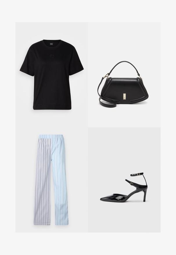 Črna bombažna majica s krožnim izrezom, kratkimi rokavi in izvezenim logotipom na prsih. Preprosta, sproščena silhueta brez vzorcev.; Lahka, prugasta hlače z elastičnim pasom; imajo izmenične svetlo modre in bele pruge z nežnimi sivimi akcenti.; Črne lakirane čevlje z visoko peto in ožjim prstom, z nastavljivimi gležnjastimi trakovi in tankim peto. Gladka tekstura z sijočim zaključkom.; Črna usnjena torbica s strukturnim dizajnom, ki ima skrajšano obliko, zgornji ročaj in zlate dodatke. Vključena je nastavljiva ramenska naramnica.