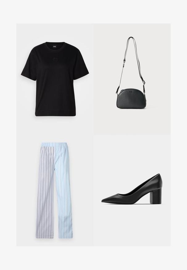 Musta puuvillapaita, jossa on pyöreä kaula-aukko, lyhyet hihat ja brodeerattu logo rinnassa. Yksinkertainen, rento istuvuus ilman kuvioita.; Keve könnyű, csíkos nadrág, rugalmas derékkal; váltakozó világoskék és fehér csíkokkal, vékony szürke akcentusokkal.; Musta nahkakengät, joissa on teräväkärkinen muoto ja paksu neliöklippu. Sujuva pinta, yksinkertainen muotoilu, sopii virallisiin tilaisuuksiin.; Musta nahkainen olkalaukku pyöreällä muodolla, jossa on kaksi säädettävää hihnaa ja huomaamaton logo edessä. Pintakuvioitu ulkopinta, minimalistinen muotoilu.