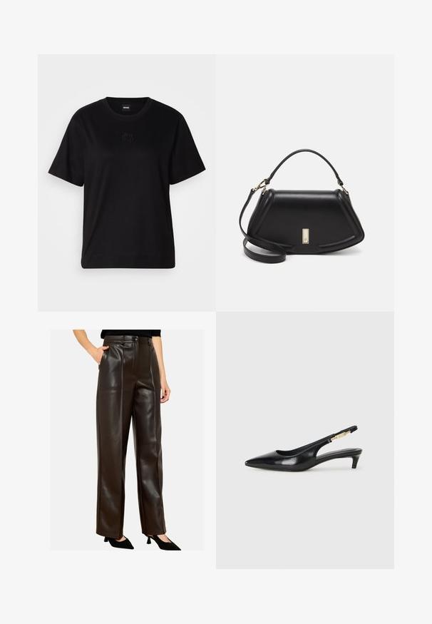 Črna bombažna majica s krožnim izrezom, kratkimi rokavi in izvezenim logotipom na prsih. Preprosta, sproščena silhueta brez vzorcev.; Rjave hlače širokega kroja iz umetnega usnja z gladkim finišem, sprednjimi žepi in visokim pasom, ki vsebujejo šivane detajle ob šivih.; Črne usnjene sandale na peto z ostro konico, ki imajo tanko peto in zlat ton na nastavljivem traku. Gladka tekstura.; Črna usnjena torbica s strukturnim dizajnom, ki ima skrajšano obliko, zgornji ročaj in zlate dodatke. Vključena je nastavljiva ramenska naramnica.