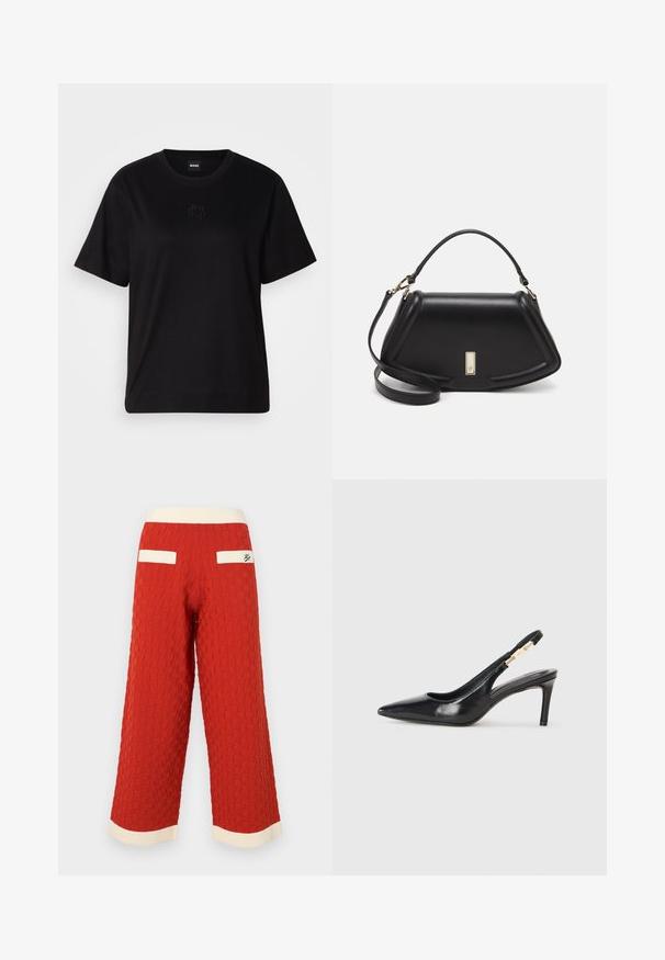 Black cotton t-shirt with a crew neckline, short sleeves, and an embroidered logo on the chest. Simple, relaxed fit with no patterns.; Red textured wide-leg pants with a grid pattern, featuring cream-colored ribbed waistband and pocket accents.; Black leather slingback high-heeled shoe with a pointed toe, smooth texture, and a narrow ankle strap featuring gold hardware accents.; Black leather handbag with a structured design, featuring a cropped shape, top handle, and gold hardware accent. Adjustable shoulder strap included.