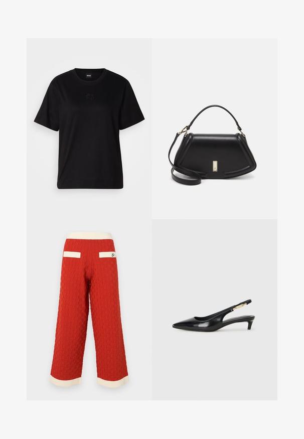 Czarny bawełniany t-shirt z okrągłym dekoltem, krótkimi rękawami i haftowanym logo na piersi. Prosty, luźny krój bez wzorów.; Czerwone, fakturowane spodnie o szerokich nogawkach z kratkowym wzorem, z kremowym, prążkowanym pasem w talii i akcentami kieszeni.; Czarne skórzane szpilki typu slingback z ostrym noskiem, posiadające smukły obcas i złoty akcent na regulowanym pasku. Gładka tekstura.; Czarna skórzana torebka o strukturalnym designie, z przyciętą formą, górnym uchwytem i złotymi akcentami. W zestawie regulowany pasek na ramię.