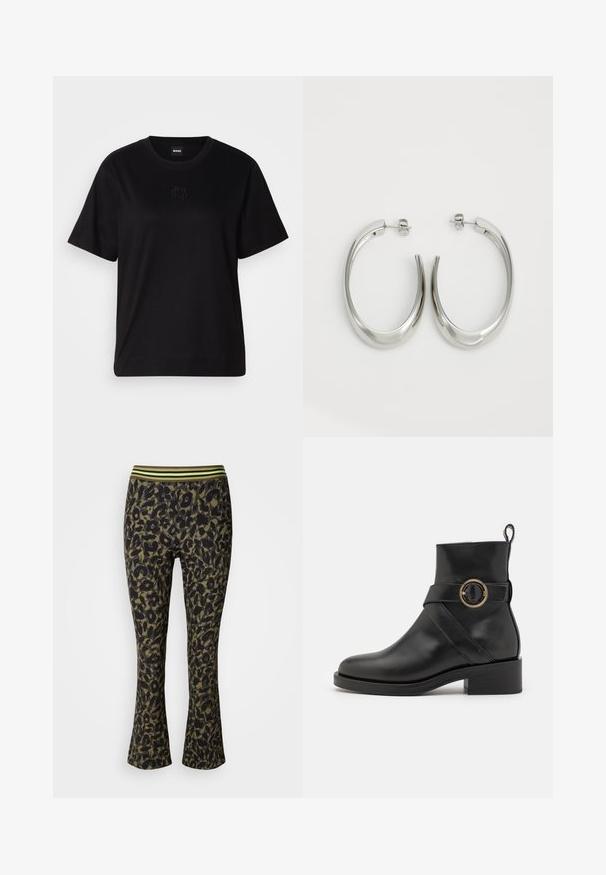 T-shirt en coton noir avec un col rond, des manches courtes et un logo brodé sur la poitrine. Coupe simple et décontractée sans motifs.; Pantalons évasés à imprimé léopard en vert foncé et noir, avec une large ceinture élastique comportant des rayures vertes. Tissu doux et extensible.; BOSS IRYNA BOOTIE - Bottines à plateau - black; Boucles d'oreilles en argent avec un design lisse et courbé. Présentent une finition métallique brillante et une fermeture à clou. Pas de motifs ou d'accents visibles.
