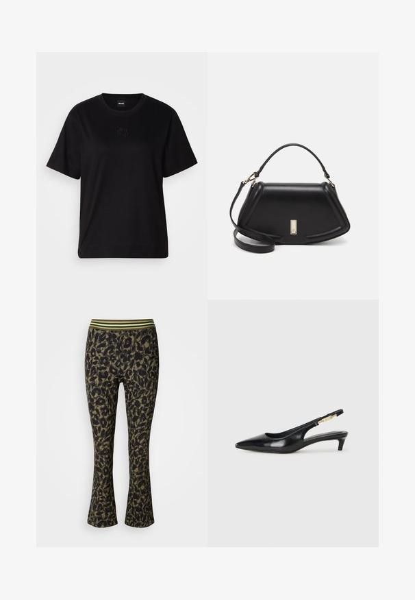 Black cotton t-shirt with a crew neckline, short sleeves, and an embroidered logo on the chest. Simple, relaxed fit with no patterns.; Leopard print flared pants in dark green and black with a wide elastic waistband featuring green stripes. Soft, stretchy fabric.; Black leather slingback heels with a pointed toe, featuring a slim heel and a gold-tone accent on the adjustable strap. Smooth texture.; Black leather handbag with a structured design, featuring a cropped shape, top handle, and gold hardware accent. Adjustable shoulder strap included.