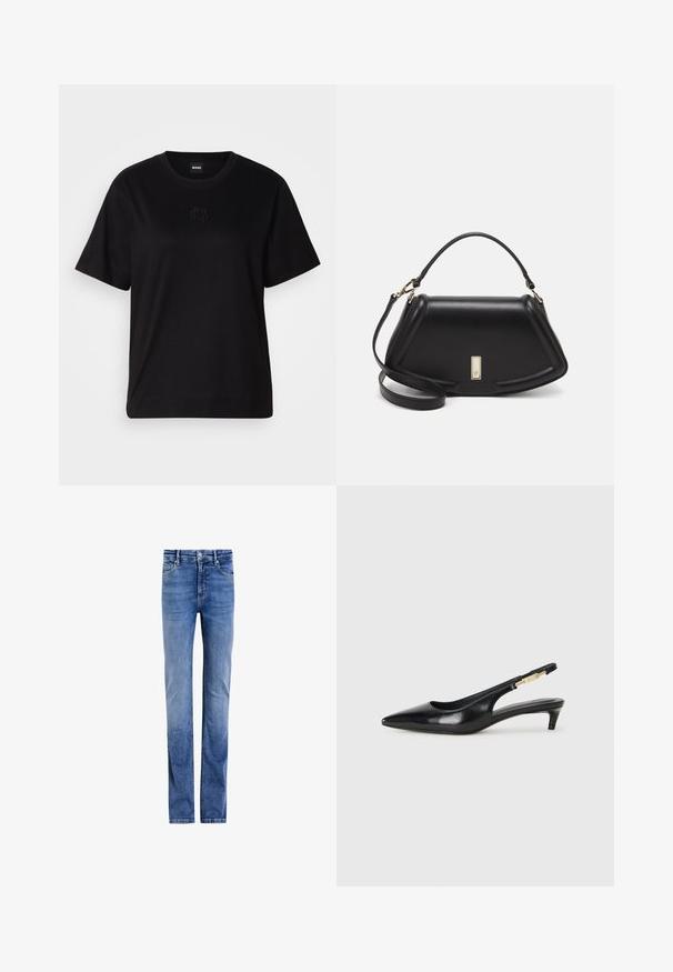 Black cotton t-shirt with a crew neckline, short sleeves, and an embroidered logo on the chest. Simple, relaxed fit with no patterns.; Light blue denim jeans with a straight leg design, five-pocket styling, and classic front button closure. Faded wash with subtle whiskering.; Black leather slingback heels with a pointed toe, featuring a slim heel and a gold-tone accent on the adjustable strap. Smooth texture.; Black leather handbag with a structured design, featuring a cropped shape, top handle, and gold hardware accent. Adjustable shoulder strap included.