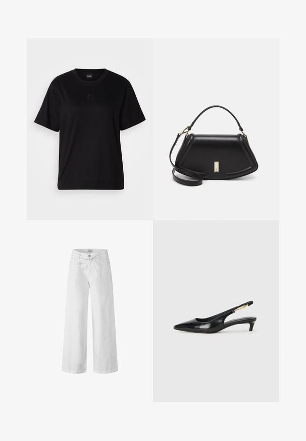 Camiseta de algodón negra con cuello redondo, mangas cortas y un logo bordado en el pecho. Ajuste simple y relajado sin patrones.; Pantalones vaqueros anchos y blancos, con cintura ajustable mediante cordón, bolsillos delanteros y cierre de botón. Textura suave y diseño liso.; Tacones negros de piel sintética tipo slingback con punta afilada, que cuentan con un tacón delgado y un detalle en tono dorado en la correa ajustable. Textura suave.; Bolso de mano de cuero negro con un diseño estructurado, que presenta una forma recortada, asa superior y acentos en dorado. Correa de hombro ajustable incluida.