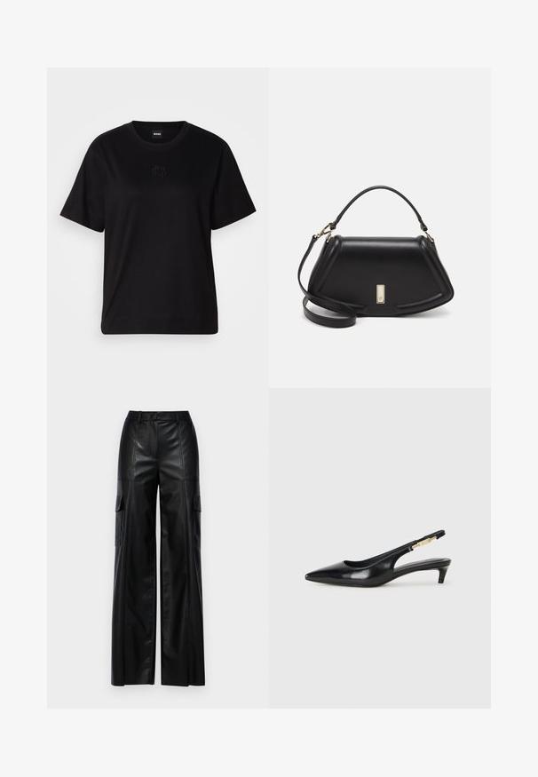 Schwarzes Baumwoll-T-Shirt mit Rundhalsausschnitt, kurzen Ärmeln und aufgesticktem Logo auf der Brust. Einfacher, lässiger Schnitt ohne Muster.; Schwarze, weite Cargo-Hosen aus Leder mit zwei Seitentaschen, vorderen Nähten und hohem Bund. Glatte Textur und strukturierter Schnitt.; Schwarze Leder-Slingback-Pumps mit spitzem Schuhblatt, ausgestattet mit einem schlanken Absatz und einem goldfarbigen Akzent am verstellbaren Riemen. Glatte Textur.; Schwarze Lederhandtasche mit einem strukturierten Design, das eine verkürzte Form, einen oberen Griff und goldfarbene Hardware-Details aufweist. Verstellbarer Schulterriemen ist enthalten.