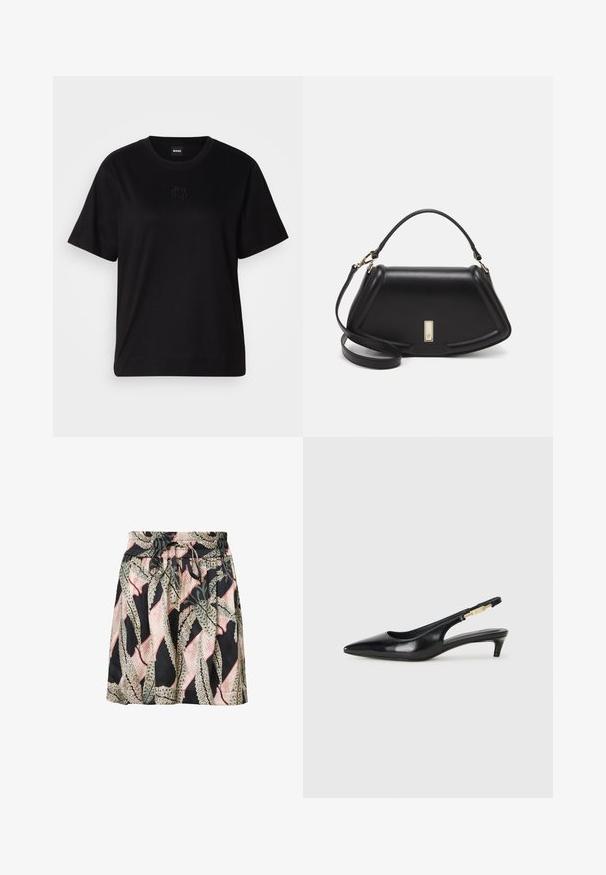 Maglietta in cotone nera con scollatura tonda, maniche corte e logo ricamato sul petto. Design semplice e vestibilità rilassata senza motivi.; Gonna a stampa floreale con sfondo nero, vita elastica, dettaglio con lacci e una texture leggera e liscia.; Tacchi slingback in pelle nera con punta affusolata, caratterizzati da un tacco alto e un accento dorato sulla cinghia regolabile. Texture liscia.; Borsa a mano in pelle nera con un design strutturato, caratterizzata da una forma corta, manico superiore e accessori in metallo dorato. Inclusa tracolla regolabile.