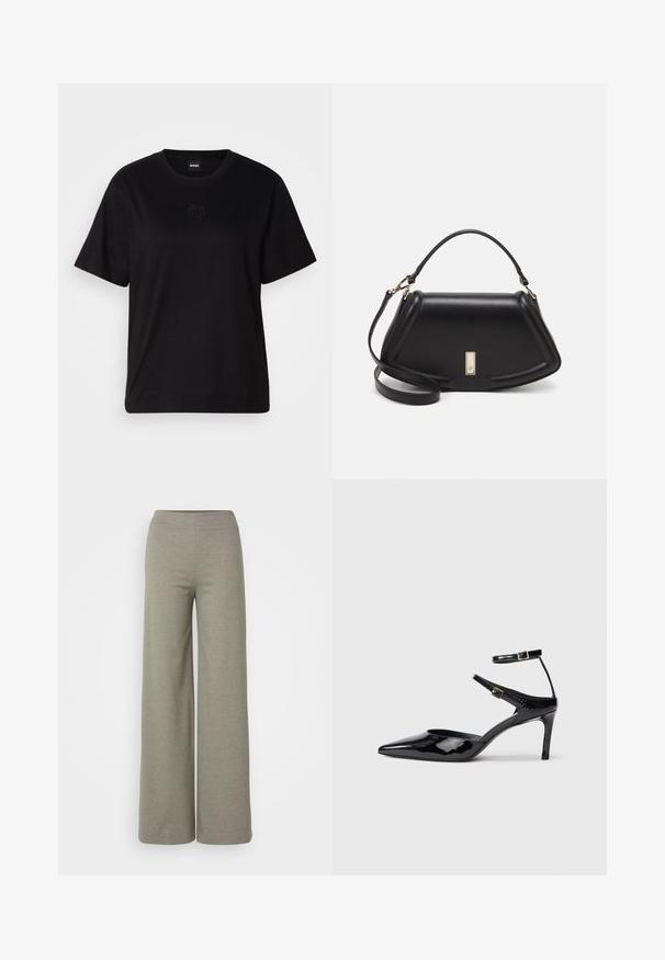 Svart bomullströja med rund halsringning, korta ärmar och en broderad logotyp på bröstet. Enkel, avslappnad passform utan mönster.; Vidbeniga byxor i ljusgrått material, med resårmidja och jämn textur, utan synliga mönster eller metalldelar.; Svarta lackskinnshälar med spetsig tå, justerbara ankelremmar och en smal klack. Slät textur med en glänsande yta.; Svart läderhandväska med en strukturerad design, som har en avskuren form, ett handtag upptill och guldiga detaljer. Justerbar axelrem ingår.
