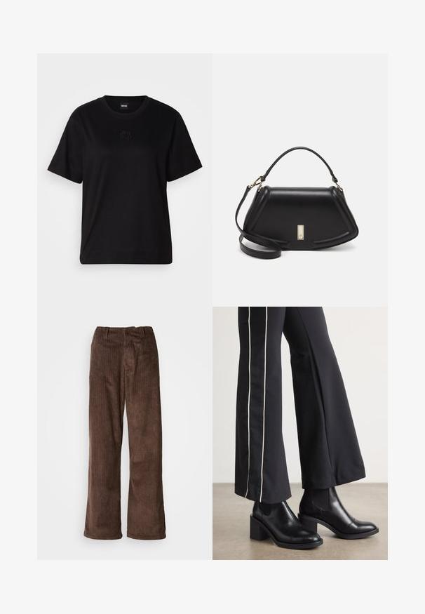 Camiseta de algodón negra con cuello redondo, mangas cortas y un logo bordado en el pecho. Ajuste simple y relajado sin patrones.; Pantalones de pana marrones con un diseño de pierna ancha, que presentan costuras verticales y una cinturilla. La tela tiene una apariencia suave y texturizada.; Botines de cuero negro con tacón cuadrado, con paneles laterales elásticos. Combinados con pantalones negros que tienen una franja blanca lateral.; Bolso de mano de cuero negro con un diseño estructurado, que presenta una forma recortada, asa superior y acentos en dorado. Correa de hombro ajustable incluida.