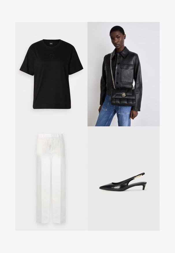 Svart bomull T-skjorte med rund hals, korte ermer og et brodert logo på brystet. Enkel, avslappet passform uten mønstre.; Hvite linbukser med rett snitt, med flat front, beltehemper og ingen synlige lommer, som viser en jevn, lett tekstur.; Sorte lærreim hæler med spiss tå, som har en slank hæl og en gullfarget detalj på den justerbare stroppen. Glatt tekstur.; Svart skinnjakke med knappelukking og to frontlommer, sammen med en svart kviltet håndveske med gullspenne og kjedehank.