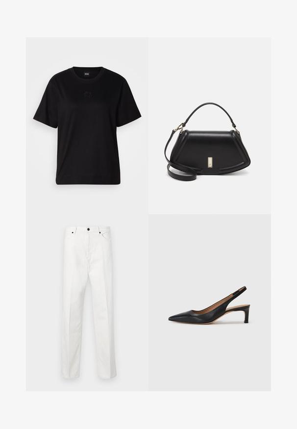 Black cotton t-shirt with a crew neckline, short sleeves, and an embroidered logo on the chest. Simple, relaxed fit with no patterns.; White denim pants featuring a straight cut, button closure, and two front pockets. No visible patterns or embellishments. Smooth texture.; Black leather slingback pump with a pointed toe, low heel, and a smooth texture. Features a thin adjustable strap for a secure fit.; Black leather handbag with a structured design, featuring a cropped shape, top handle, and gold hardware accent. Adjustable shoulder strap included.