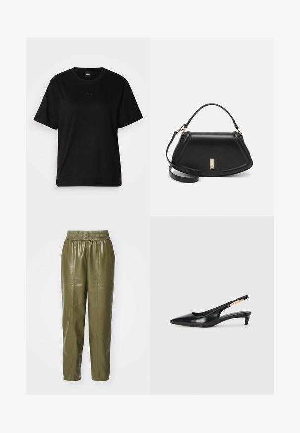 Black cotton t-shirt with a crew neckline, short sleeves, and an embroidered logo on the chest. Simple, relaxed fit with no patterns.; Olive green leather pants with an elastic waistband, featuring a loose fit and visible stitching on panel seams. Smooth texture throughout.; Black leather slingback heels with a pointed toe, featuring a slim heel and a gold-tone accent on the adjustable strap. Smooth texture.; Black leather handbag with a structured design, featuring a cropped shape, top handle, and gold hardware accent. Adjustable shoulder strap included.
