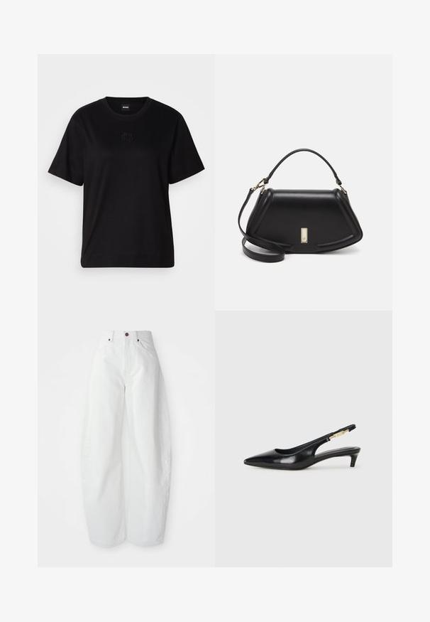 Camiseta de algodón negra con cuello redondo, mangas cortas y un logo bordado en el pecho. Ajuste simple y relajado sin patrones.; Pantalones de mezclilla blancos de tiro alto con un corte holgado. Presentan un cierre de botón, bolsillos laterales y un diseño minimalista. Textura suave.; Tacones negros de piel sintética tipo slingback con punta afilada, que cuentan con un tacón delgado y un detalle en tono dorado en la correa ajustable. Textura suave.; Bolso de mano de cuero negro con un diseño estructurado, que presenta una forma recortada, asa superior y acentos en dorado. Correa de hombro ajustable incluida.