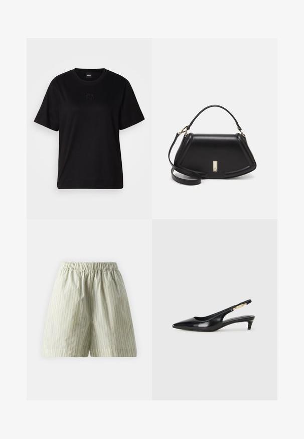 Black cotton t-shirt with a crew neckline, short sleeves, and an embroidered logo on the chest. Simple, relaxed fit with no patterns.; Light green cotton shorts featuring vertical white stripes, an elastic waistband, and a loose, relaxed fit. Smooth texture.; Black leather slingback heels with a pointed toe, featuring a slim heel and a gold-tone accent on the adjustable strap. Smooth texture.; Black leather handbag with a structured design, featuring a cropped shape, top handle, and gold hardware accent. Adjustable shoulder strap included.