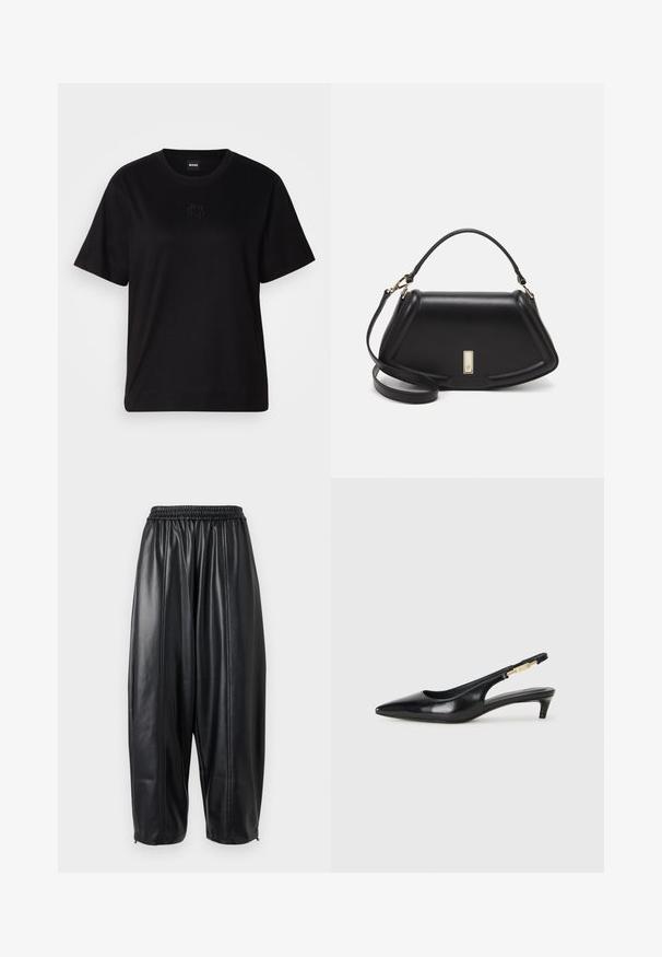 Musta puuvillapaita, jossa on pyöreä kaula-aukko, lyhyet hihat ja brodeerattu logo rinnassa. Yksinkertainen, rento istuvuus ilman kuvioita.; Mustat nahkahousut rentoa leikkausta, joissa on elastinen vyötärö ja kapenevat hihnat. Liukas rakenne ja tikatut yksityiskohdat.; Mustat nahkaiset slingback-korkokengät, joissa on terävä kärki, ohuet korot ja kultasävytteinen yksityiskohta säädettävässä hihnassa. Silkkinen pinta.; Mustalla nahkalaukulla, jossa on jämäkkä muotoilu, lyhyt malli, yläkahva ja kultaiset yksityiskohdat. Säädettävä olkahihna sisältyy.