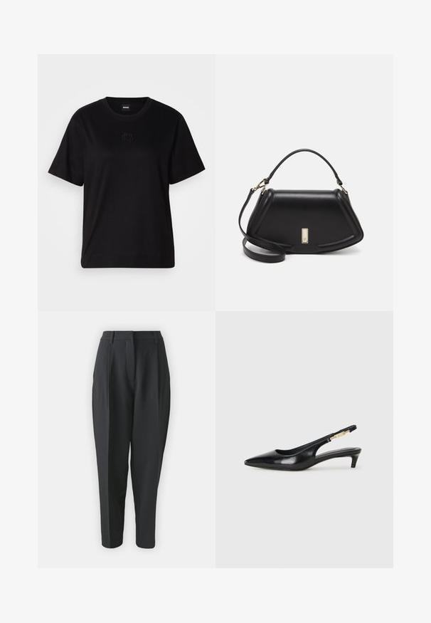 Zwarte katoenen t-shirt met een ronde hals, korte mouwen en een geborduurd logo op de borst. Eenvoudige, comfortabele pasvorm zonder patronen.; Zwarte op maat gemaakte broek met een hoge taille, plooien en taps toelopende pijpen. Gladde stof zonder zichtbare patronen of versieringen.; Zwarte leren slingback hakken met een spitse neus, voorzien van een slanke hak en een goudkleurige accent op de verstelbare band. Gladde textuur.; Zwarte leren handtas met een gestructureerd ontwerp, featuring een verkorte vorm, bovenhandvat en gouden hardwareaccent. Inclusief verstelbare schouderband.