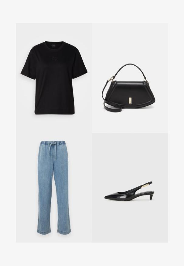 Black cotton t-shirt with a crew neckline, short sleeves, and an embroidered logo on the chest. Simple, relaxed fit with no patterns.; Light blue denim pants with an elastic waistband, drawstring, and rolled cuffs. Straight-legged design with a casual fit.; Black leather slingback heels with a pointed toe, featuring a slim heel and a gold-tone accent on the adjustable strap. Smooth texture.; Black leather handbag with a structured design, featuring a cropped shape, top handle, and gold hardware accent. Adjustable shoulder strap included.
