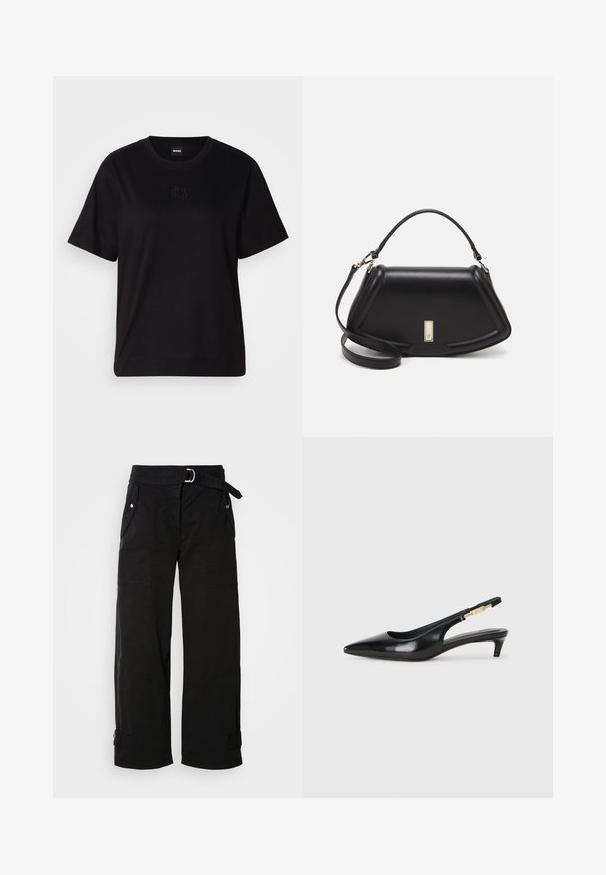 Svart bomullströja med rund halsringning, korta ärmar och en broderad logotyp på bröstet. Enkel, avslappnad passform utan mönster.; Svarta vida byxor med bälte, flera fickor och vinklade sömmar. Tillverkade av slitstarkt tyg med en slät struktur.; Svart läder slingback-hälar med spetsig tå, med en smal klack och en guldtonad detalj på den justerbara remmen. Slät textur.; Svart läderhandväska med en strukturerad design, som har en avskuren form, ett handtag upptill och guldiga detaljer. Justerbar axelrem ingår.